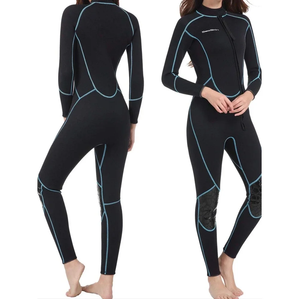 Seaskin Wetsuit Mens XL Black Teal Excellent Front Zip Full Body Neoprene Suit